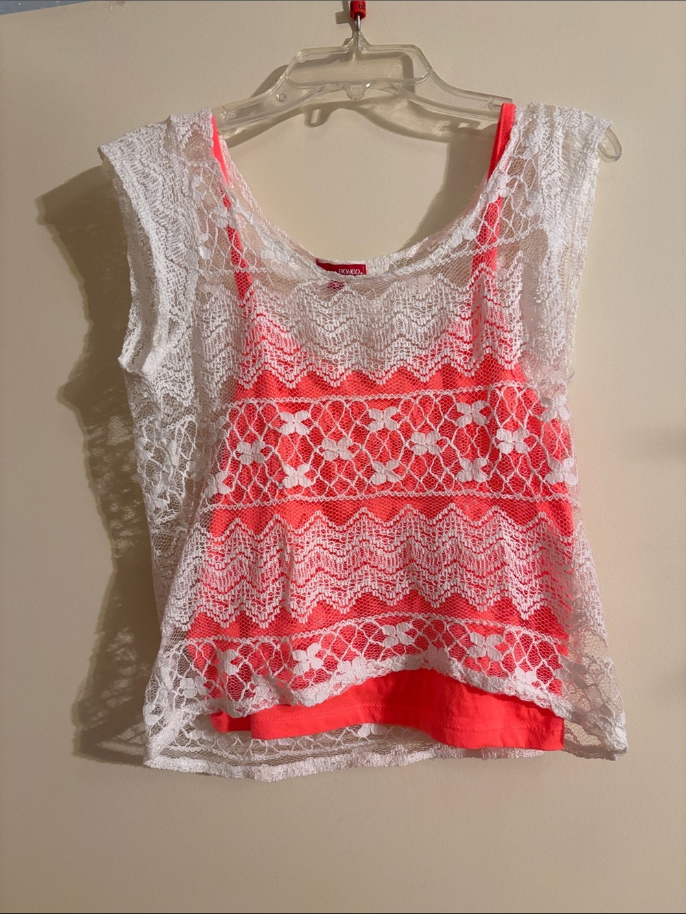 Bright Coral Lace Overlay Tank Top